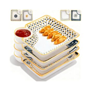 4 Pack Dumpling Plate with Dipping Sauce, Potato Chip Dipping Sauce Platter