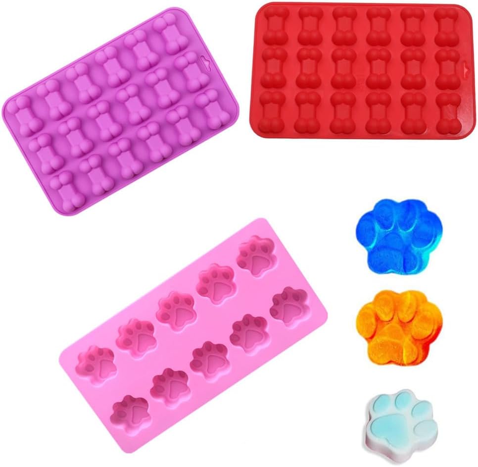 3 Pcs Silicone Ice Molds Trays with Puppy Dog Paw and Bone Shape, Non-Stick