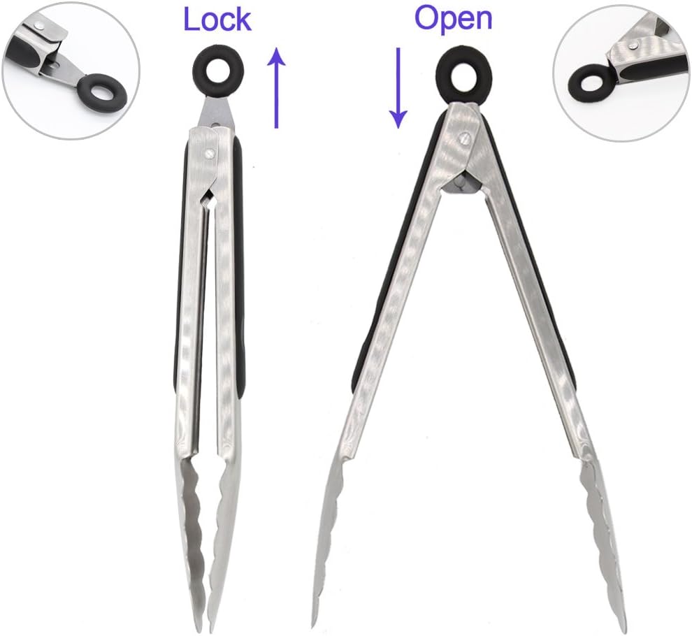 304 Stainless Steel Kitchen Cooking Tongs, 9" and 12" Set of 2 Sturdy Grilling - Image 3