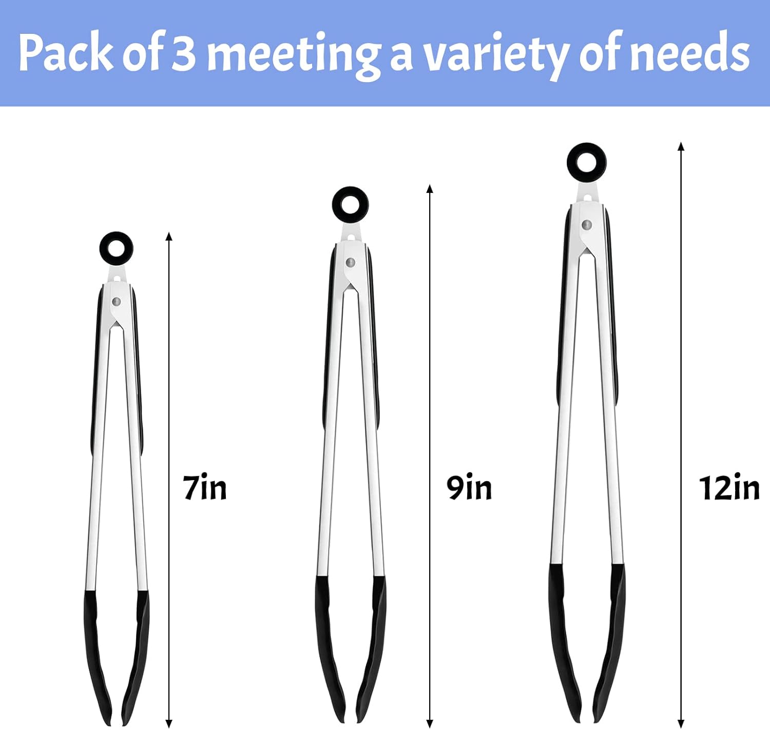 Silicone Kitchen Tongs, Set of 3 Premium Stainless Steel Locking Cooking Tongs - Image 4