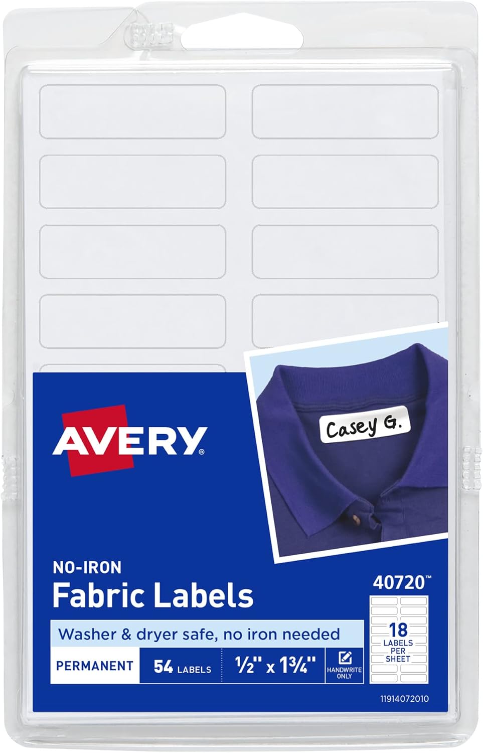 Avery No-Iron Fabric Labels, White, 45 x 13mm, A6 Sheet, 54 Labels (40720) 1Pk