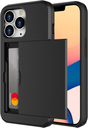For iPhone 13 Mini Slide Armor Card Holder Protective Shockproof Case - Black