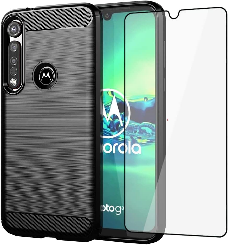 Moto G8 Plus Slim Thin Soft TPU Case w Tempered Glass Screen Protector
