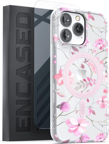 iPhone 14 Pro Max, MagSafe Phone Case with Screen Protector - (Pink Flowers)