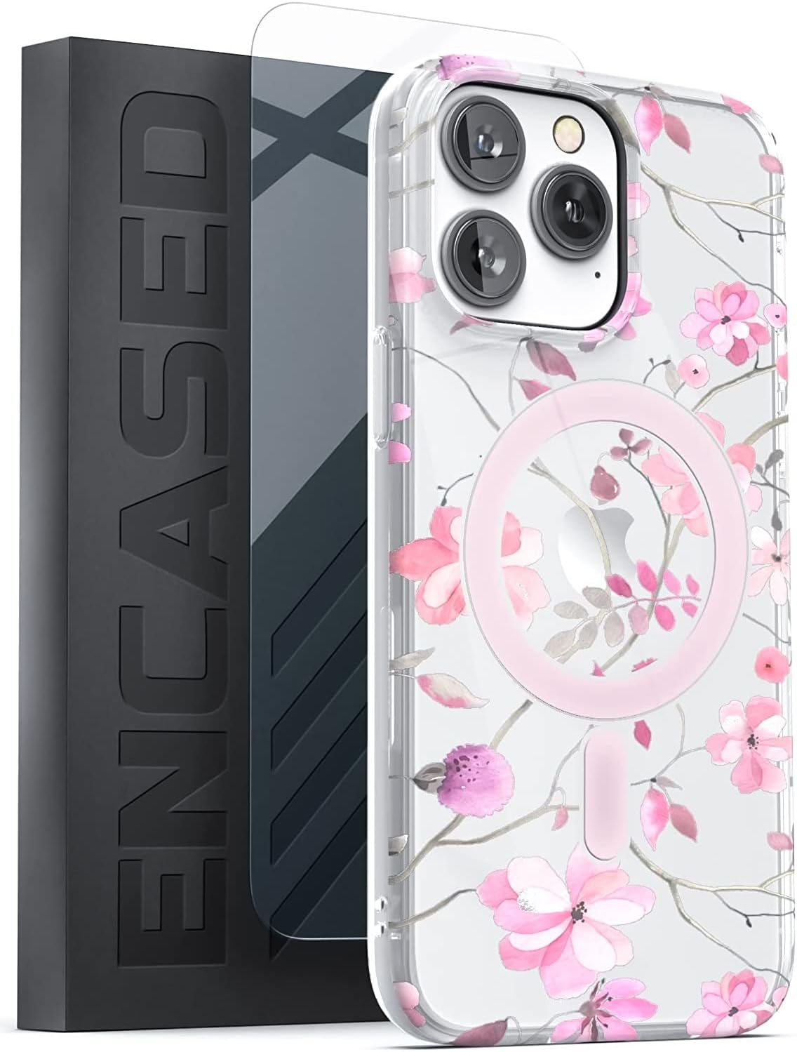 iPhone 14 Pro Max, MagSafe Phone Case with Screen Protector - (Pink Flowers)