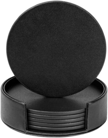 Drink Coasters Set of 6 Leather Coasters Spill Protection, 4 Inches(Round Black)