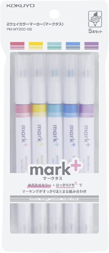 KOKUYO Mark+ Two Way Color Marker, 5-Pack(Pink, Blue, Green, Purple, and Yellow)