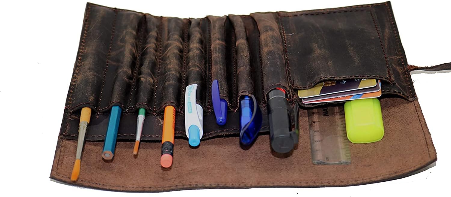 Genuine Leather Pencil Roll Brush Case Pen Holder Organizer Ruler (7.9 inches) - Image 2