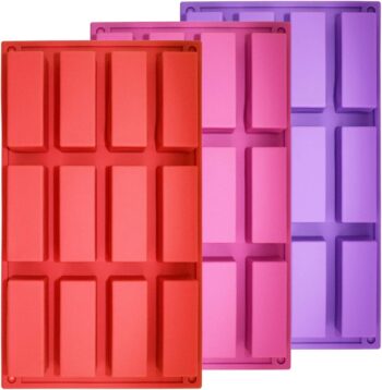 Set of 3, 12 Cavity Medium Narrow Silicone Rectangle Molds, Protein Energy Bars