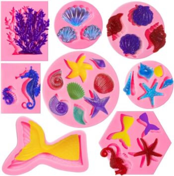 Marine Theme Fondant Silicone Mold,Seashell,conch, Mermaid Tail,Seahorse (6pack)