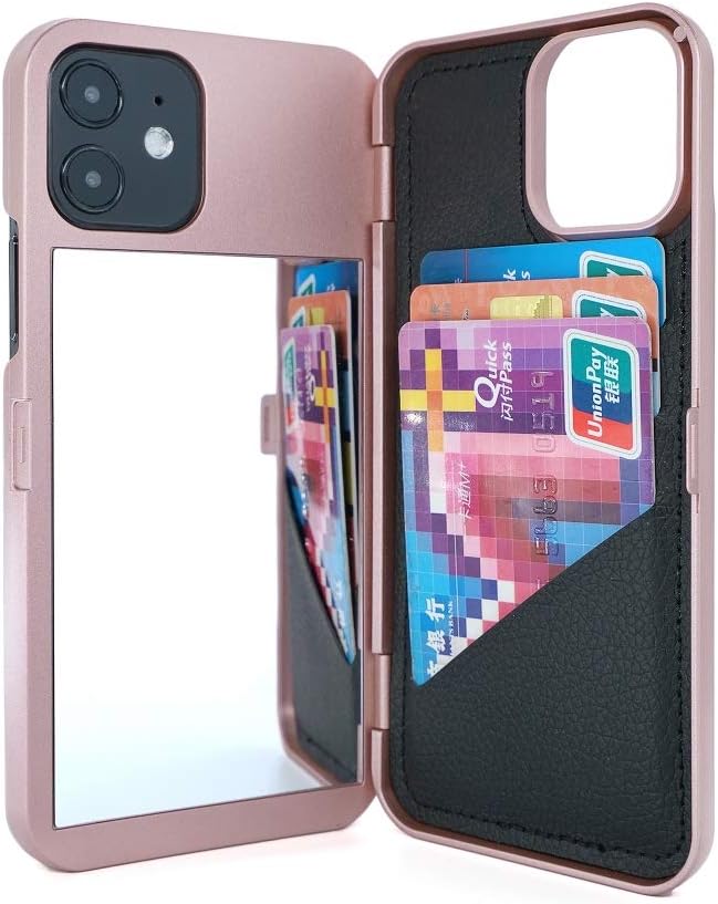 iPhone 12 Pro Mirror Wallet Case with Stand Feature and Card Holder - Rose Gold - Image 3