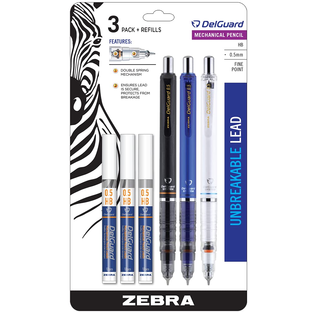 Zebra Pen DelGuard Mechanical Pencil, Fine Point, 0.5mm, 3-Pack (58603)