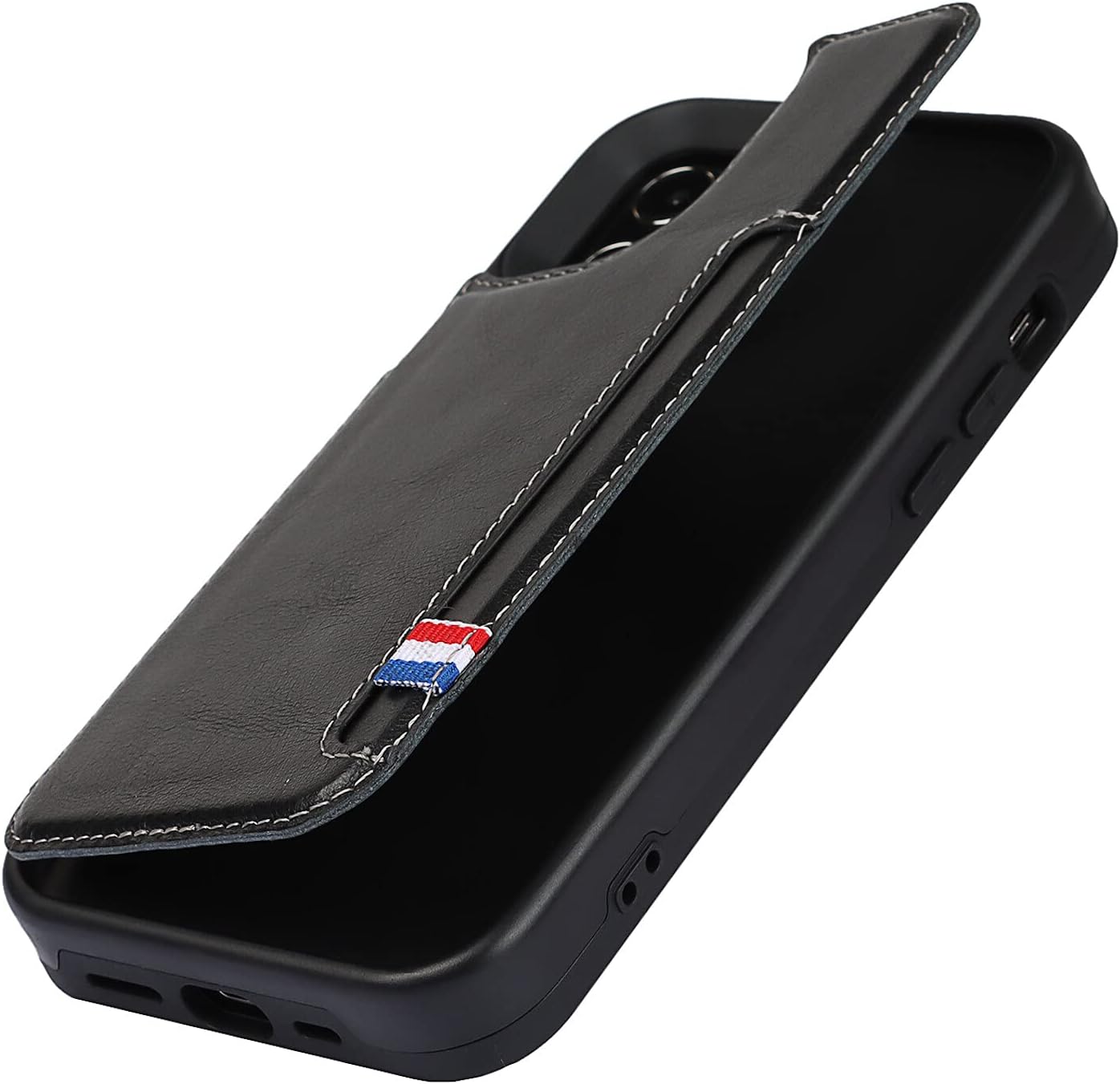 For iPhone 12 Mini w Card Slot Holder Stand, RFID Blocking Genuine - Black - Image 7