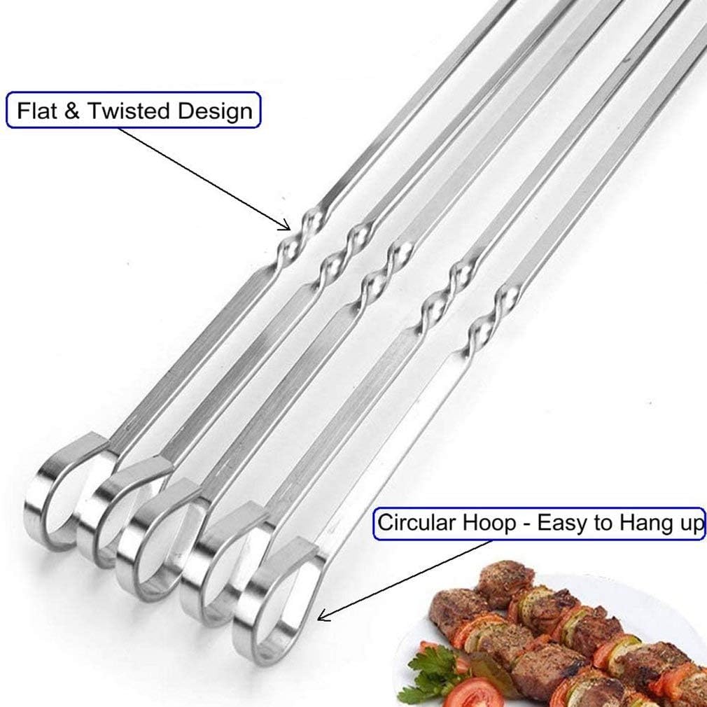 12PCS Kabob Skewers Flat Metal BBQ Barbecue Skewers 16" Long Hook Style - Image 6