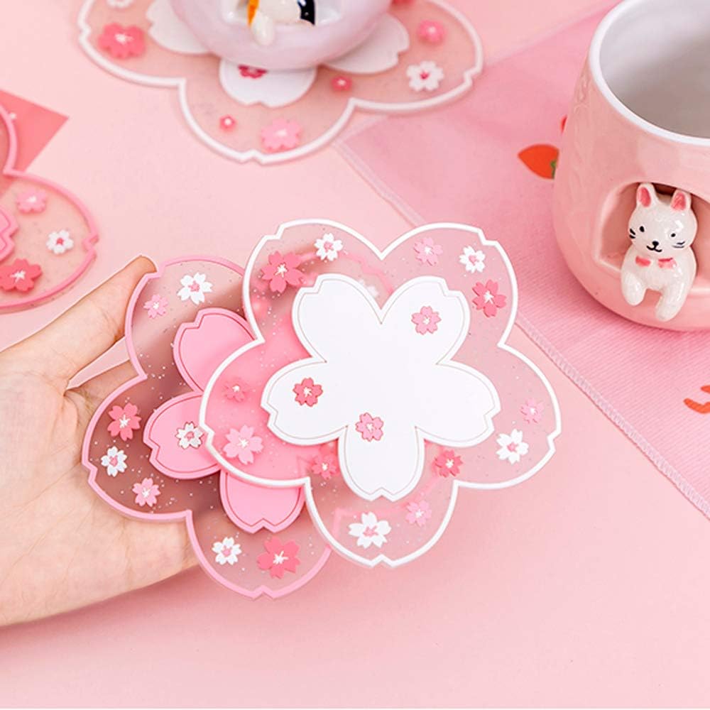 Sakura Coffee Cup Mat Kawaii Coaster 2PCS Cute Cherry Blossom PVC Home Tea - Image 5