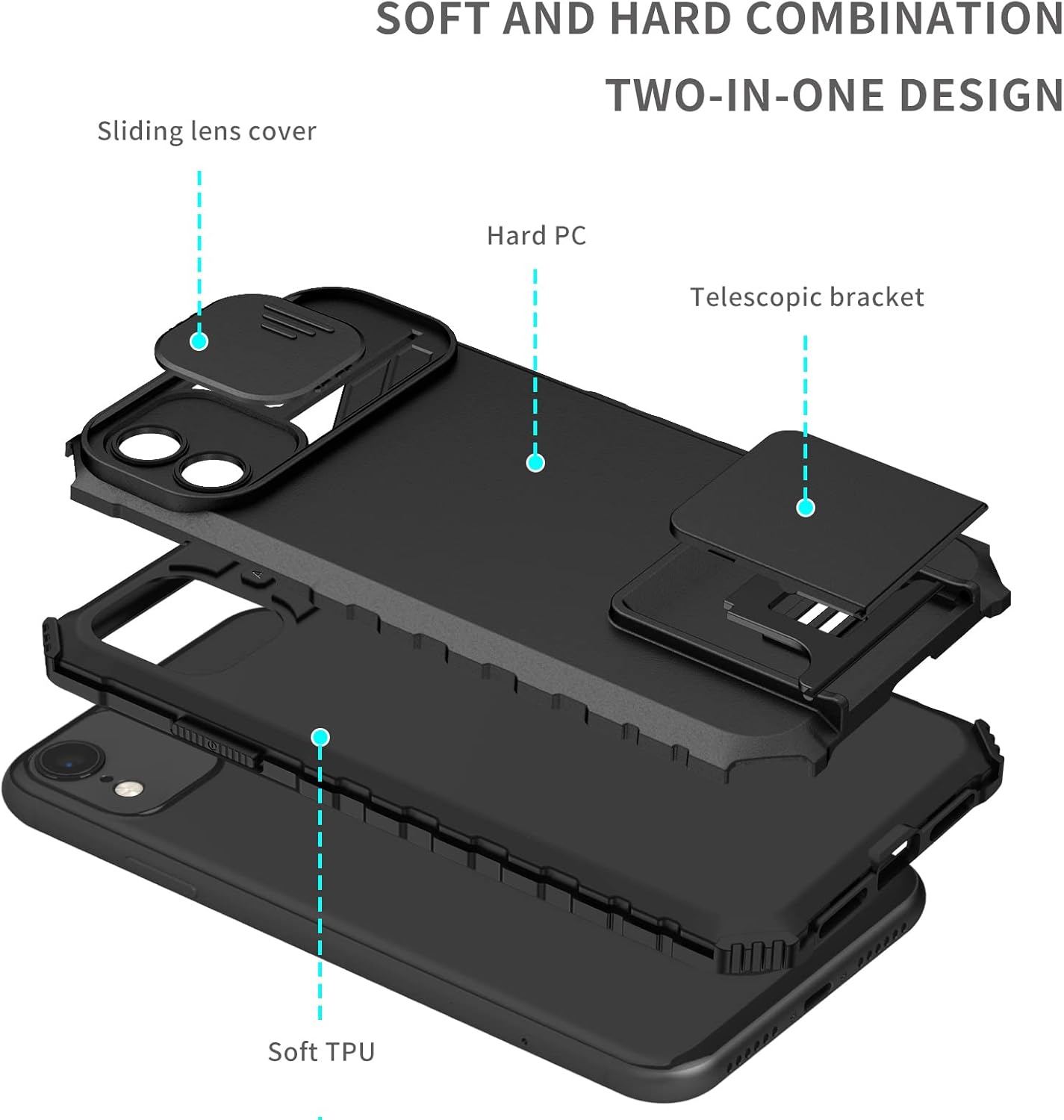 For iPhone XR 6.1"Stand Case with Screen Protector and Slide Camera - Black - Image 7