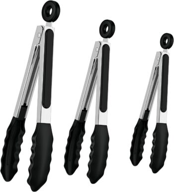 Silicone Kitchen Tongs, Set of 3 Premium Stainless Steel Locking Cooking Tongs