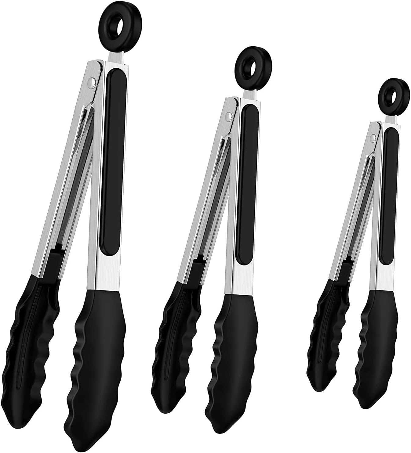 Silicone Kitchen Tongs, Set of 3 Premium Stainless Steel Locking Cooking Tongs
