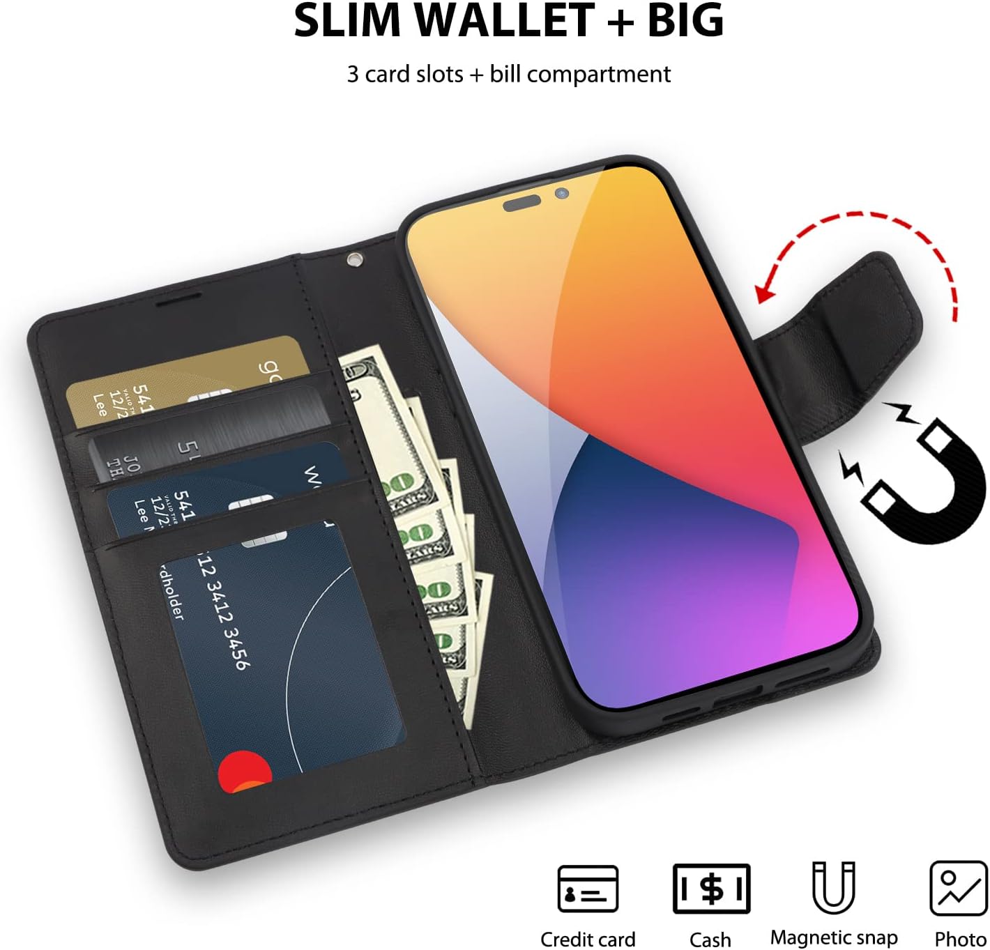 iPhone 14 Pro, Leather Wallet Card Case for Apple - Black - Image 3