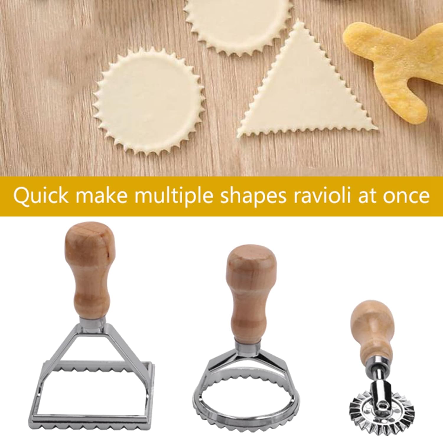 Ravioli Stamp Maker Cutter with Roller Wheel Set, Mold with Wooden Handle - Image 3