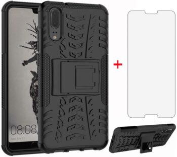 For Huawei P20 Hybrid Heavy Duty Protective Case w Tempered Glass Screen