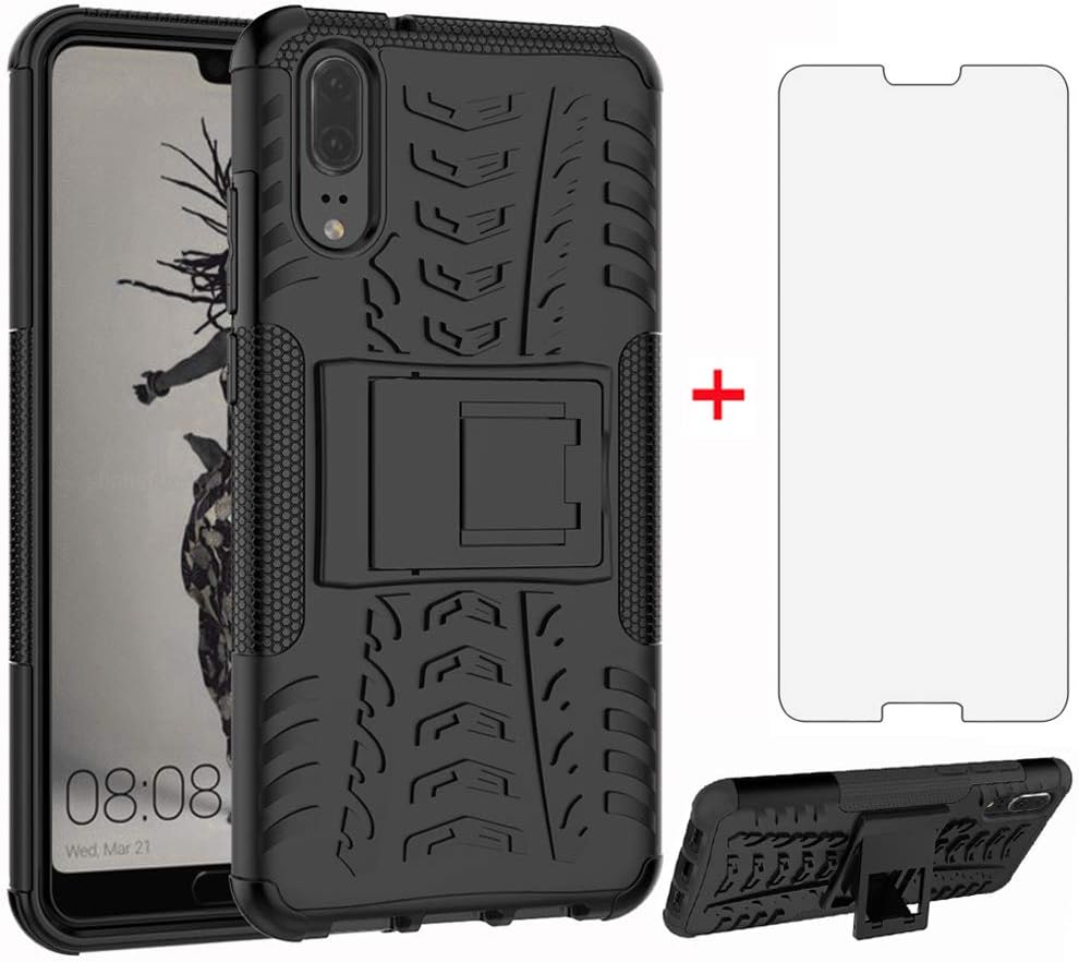 For Huawei P20 Hybrid Heavy Duty Protective Case w Tempered Glass Screen