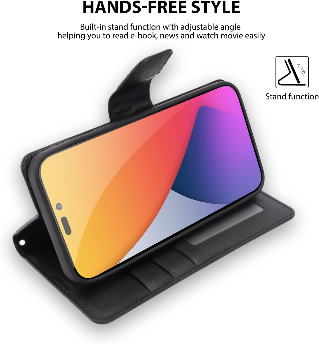 iPhone 14 Pro, Leather Wallet Card Case for Apple - Black - Image 2