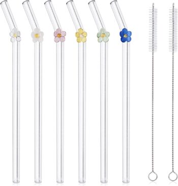 6 Pcs Reusable Glass Straws with 2 Cleaning Brushes, Cute Colorful Flower Glass