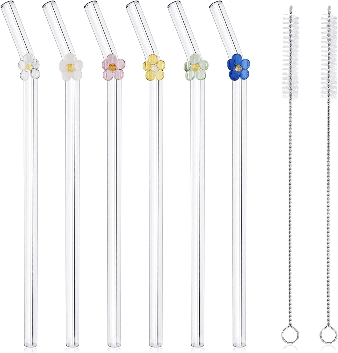 6 Pcs Reusable Glass Straws with 2 Cleaning Brushes, Cute Colorful Flower Glass