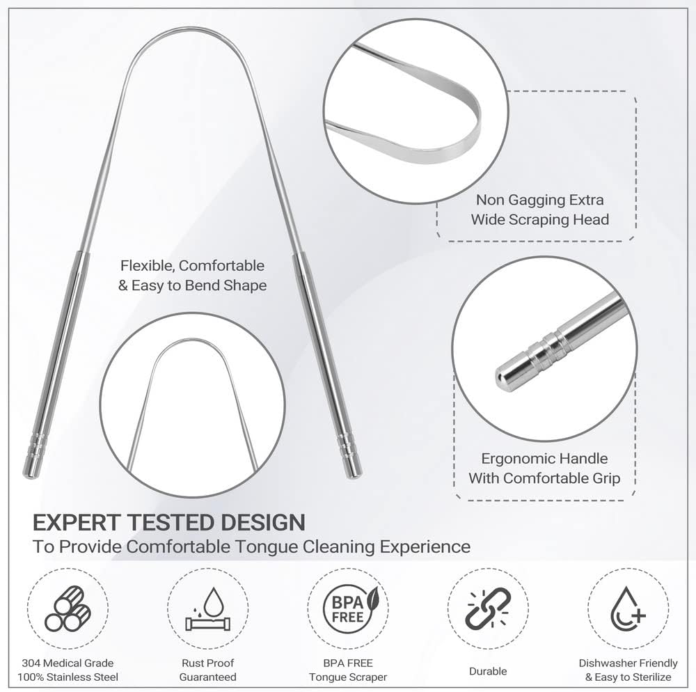 2 Pack Tongue Scrapers, Cure Bad Breath Stainless Steel Tongue Cleaner Metal - Image 2