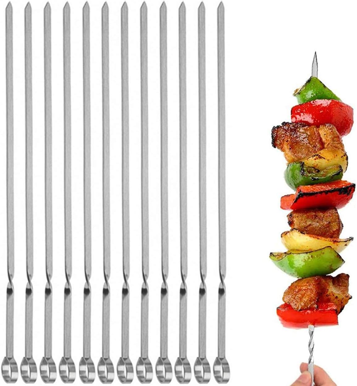 12PCS Kabob Skewers Flat Metal BBQ Barbecue Skewers 16" Long Hook Style