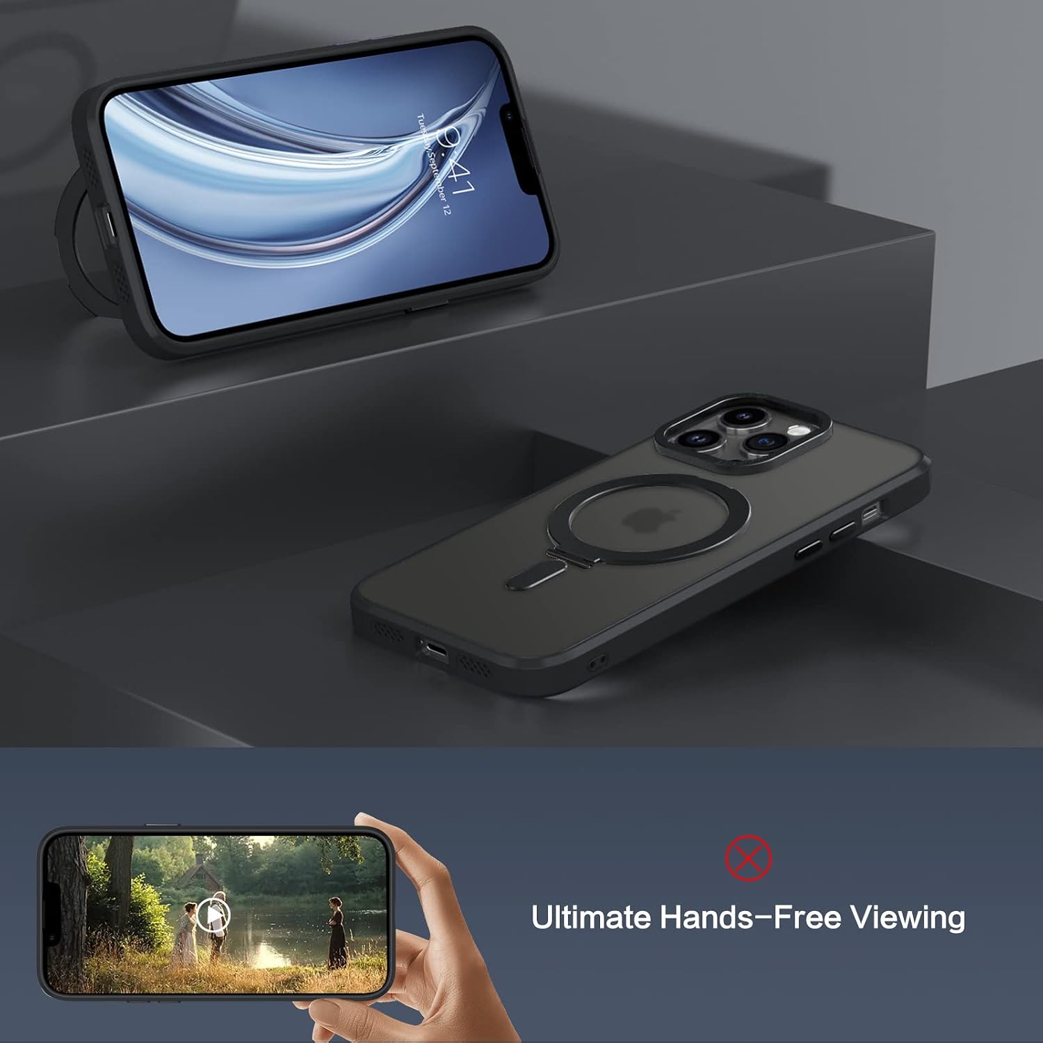 For iPhone 13 Pro Max 6.7 Inch Magnetic Slim, Kickstand Cover Cases, Black - Image 3