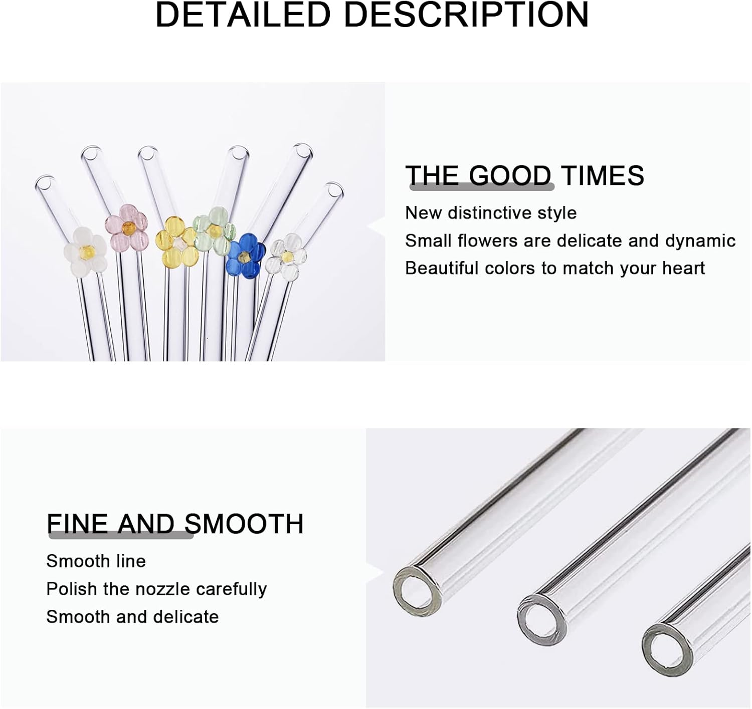 6 Pcs Reusable Glass Straws with 2 Cleaning Brushes, Cute Colorful Flower Glass - Image 3