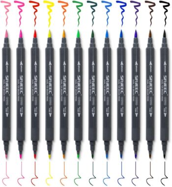 Dual Brush Marker Pens, 12 x Art Colouring Markers with Fine Point and Brush Tip