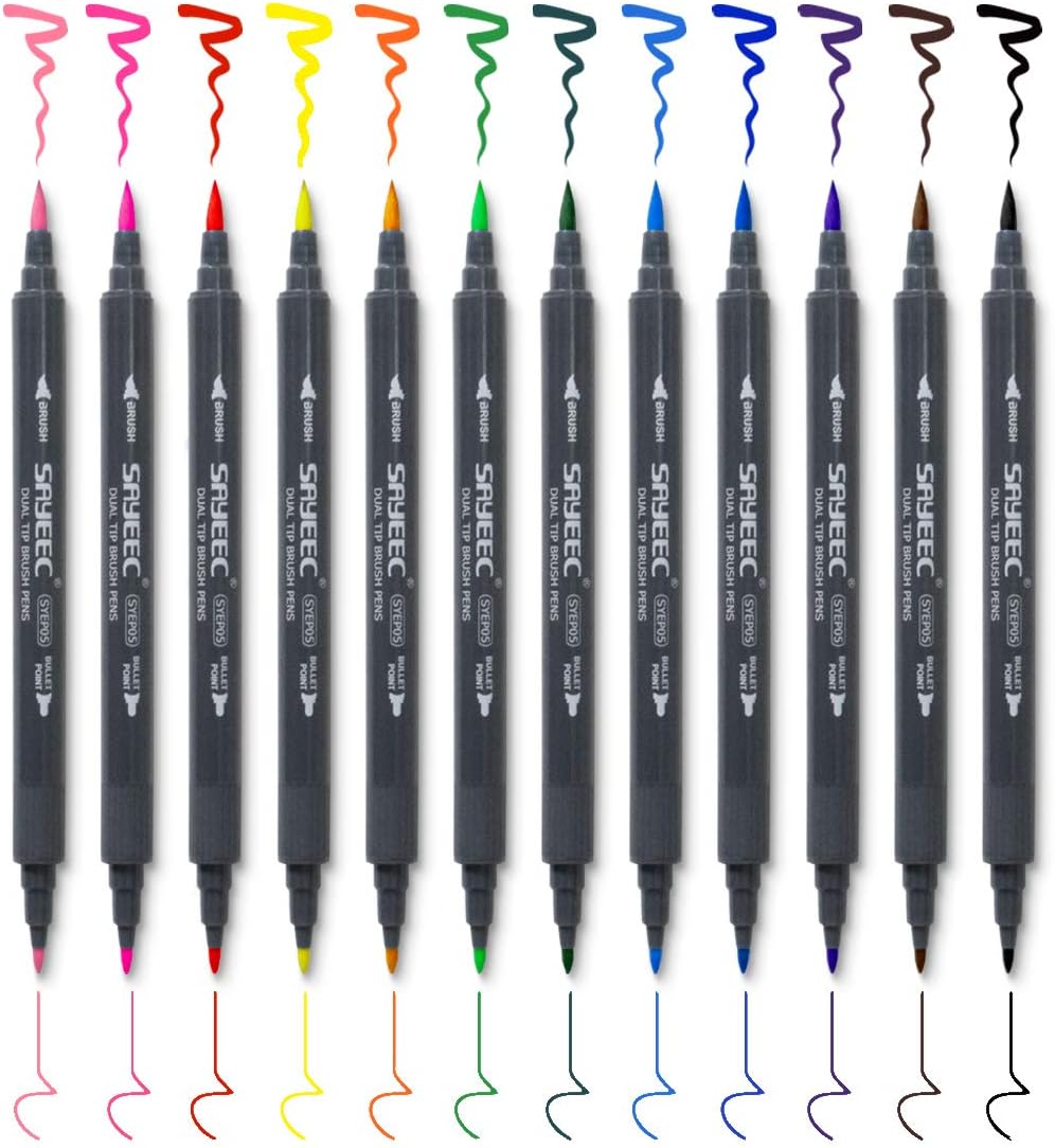 Dual Brush Marker Pens, 12 x Art Colouring Markers with Fine Point and Brush Tip