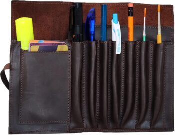 Genuine Leather Pencil Roll Brush Case Pen Holder Organizer Ruler (7.9 inches)