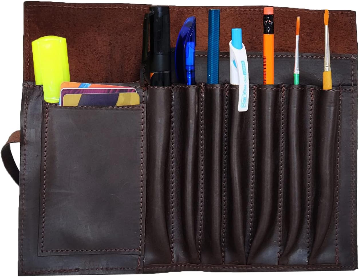 Genuine Leather Pencil Roll Brush Case Pen Holder Organizer Ruler (7.9 inches)