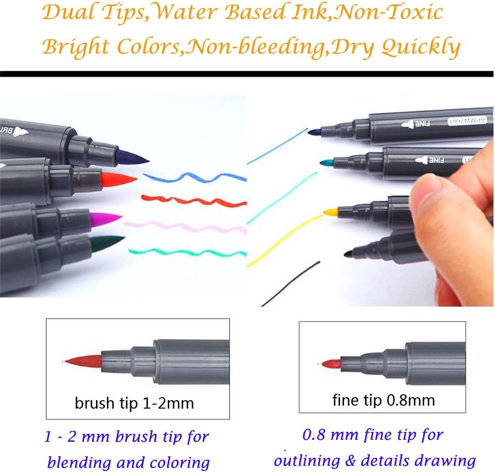 Dual Brush Marker Pens, 12 x Art Colouring Markers with Fine Point and Brush Tip - Image 3