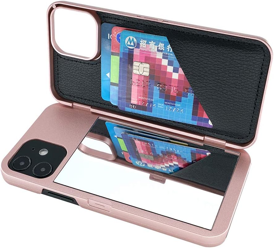 iPhone 12 Pro Mirror Wallet Case with Stand Feature and Card Holder - Rose Gold
