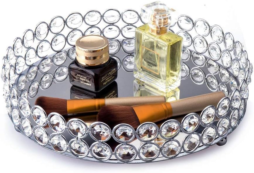 Crystal Beads Cosmetic Round Tray Jewelry Organizer Mirrored Decorative(Silver) - Image 8