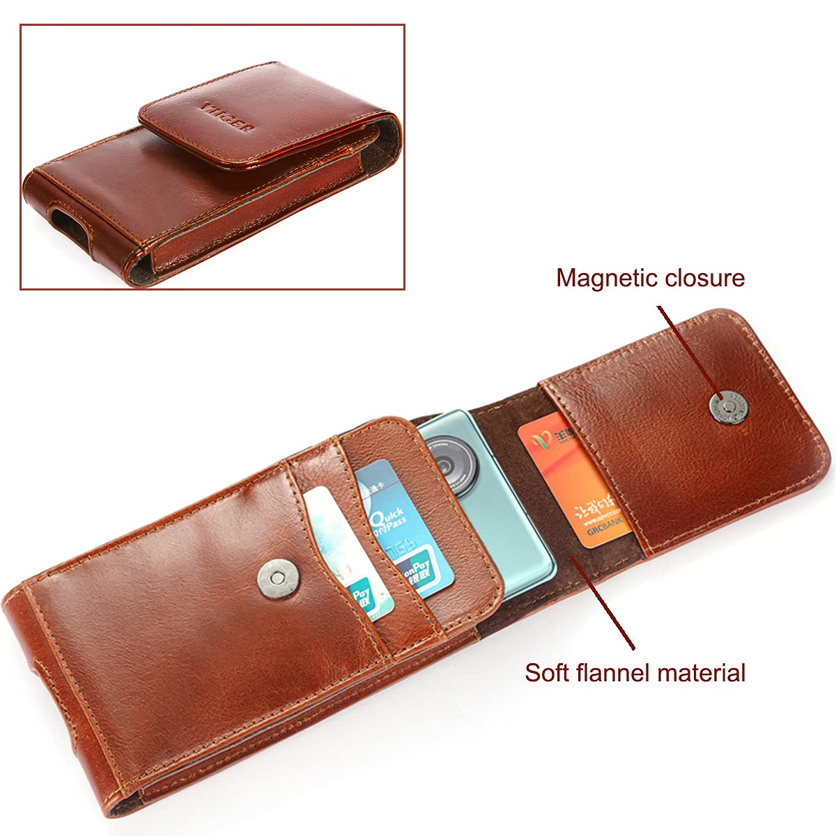 Genuine Leather Cell Phone Holster w/Magnetic Cover Belt Clip Pouch - Image 4