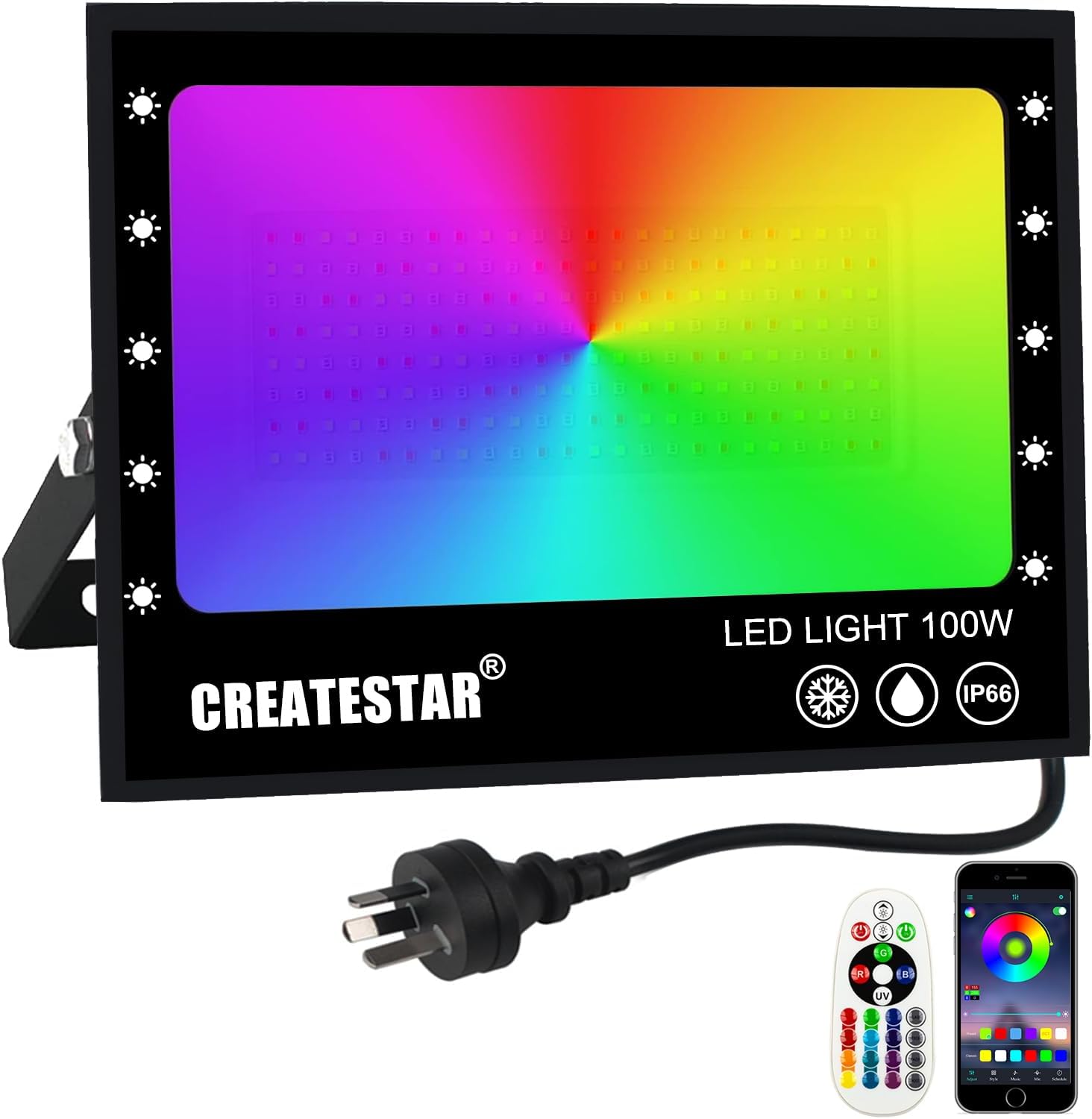 RGB LED Flood Light, 100W Outdoor Smart RGB Color Changing Floodlight, IP66