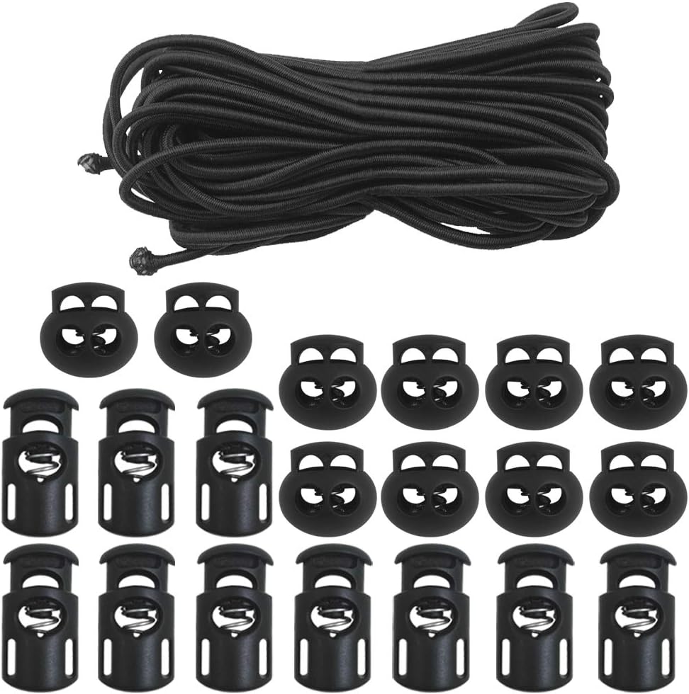 20 PCS Plastic Cord Locks & Elastic Bungee Nylon Shock Cord 5/32" 50 ft Lengths