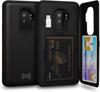 Slim Protective Shockproof w Hidden Credit Card Wallet Flip Slot Case - Black