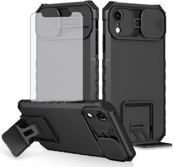 For iPhone XR 6.1"Stand Case with Screen Protector and Slide Camera - Black