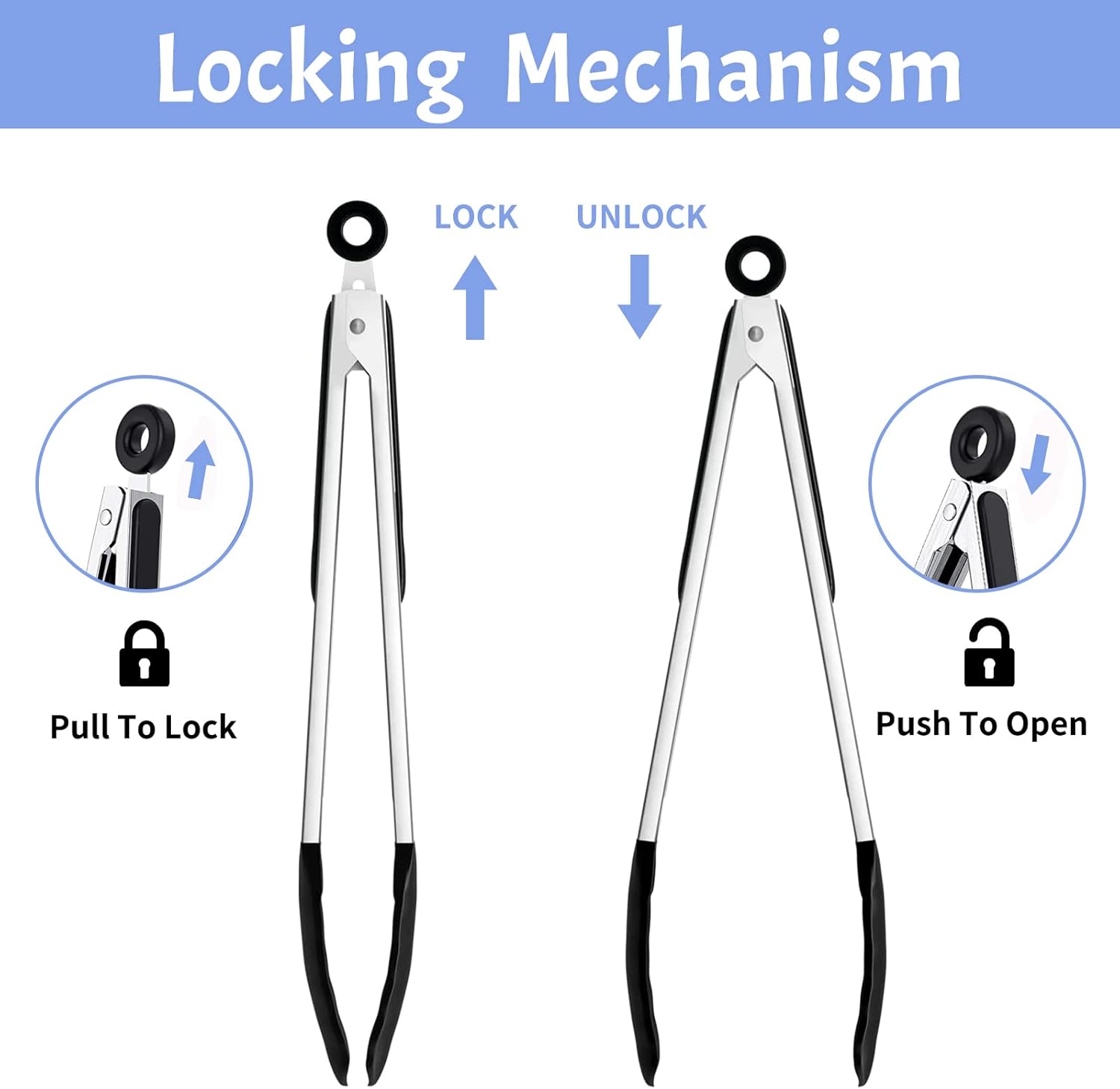Silicone Kitchen Tongs, Set of 3 Premium Stainless Steel Locking Cooking Tongs - Image 5