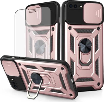 iPhone 7/8 Plus Hard Ring Stand Holder Case with Tempered Glass Screen Protector