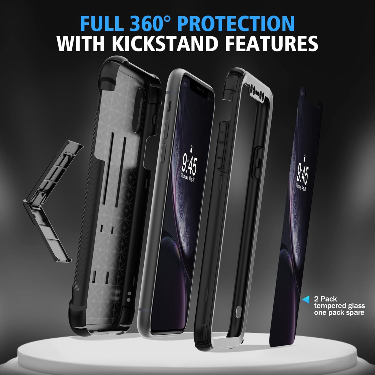 For iPhone XR Case, with 2 x Screen Protectors Full Body Shockproof Case - Black - Image 6