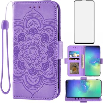 for Samsung Galaxy S10 Plus Wallet Case and Tempered Glass Screen Protector