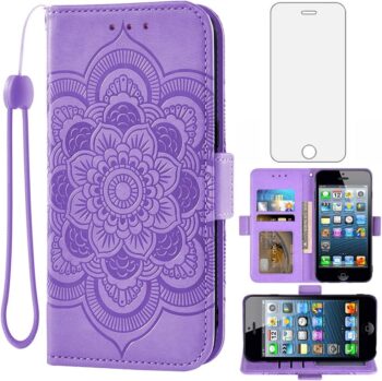 For iPhone 5S 2016 Tempered Glass Screen and Protector Flip Holder Wallet Case